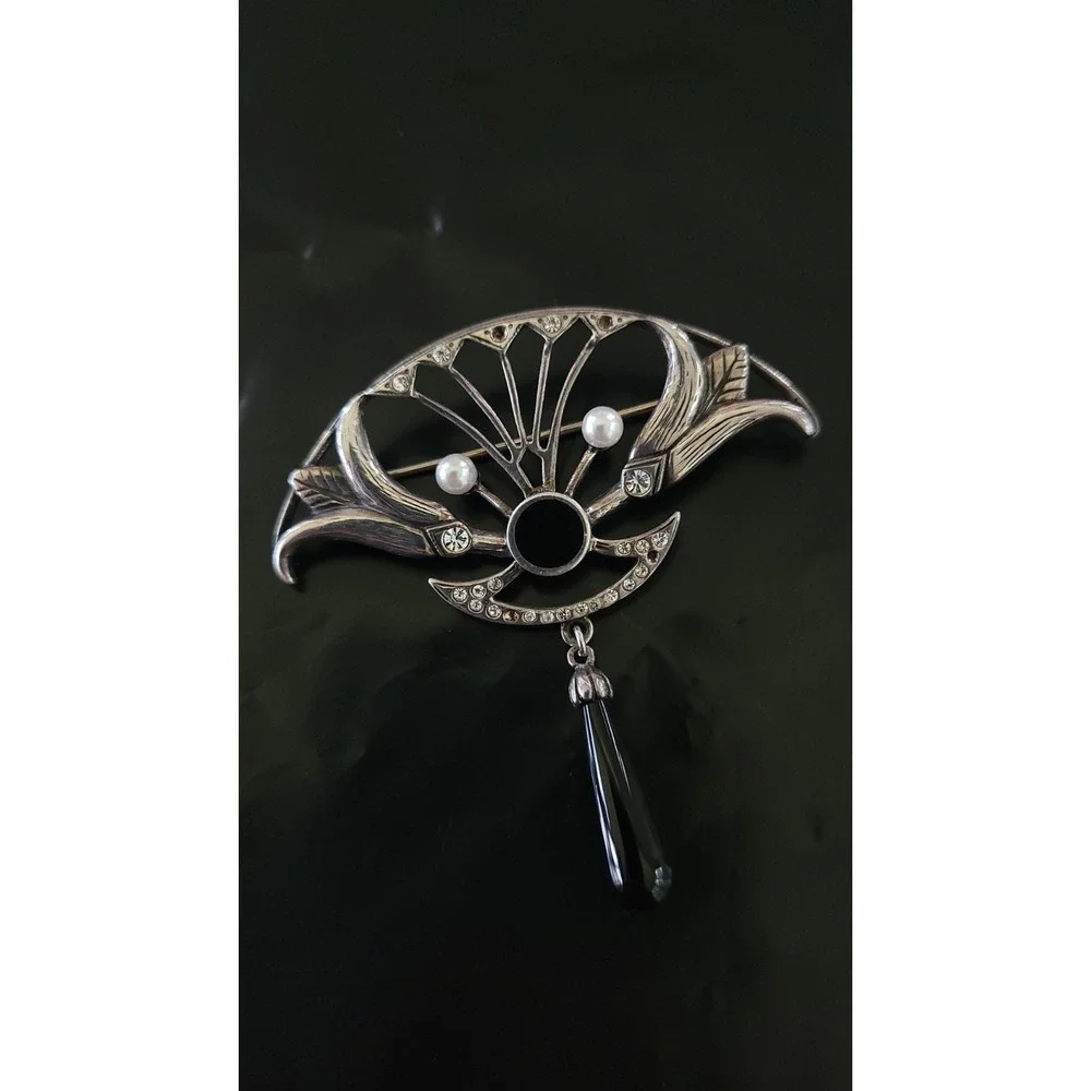 925 Sterling Silver Art Nouveau Brooch Black Teardrop Pearl Rhinestone Dangle